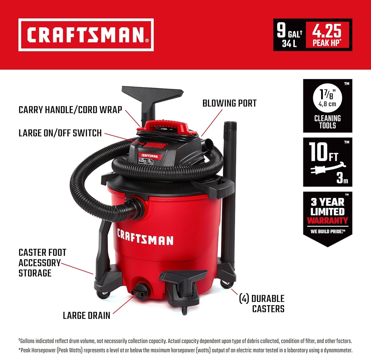 image:imageCRAFTSMAN CMXEVBE18590 9 Gallon 425 Peak HP Wet Dry Vac Portable Shop Vacuum Wet and Dry with 2 Filters 3 Dust Bags Hose and Attachments for Home Garage and Automotive Cleaning