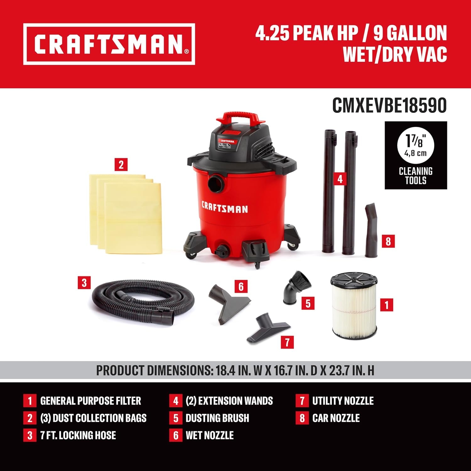 image:imageCRAFTSMAN CMXEVBE18590 9 Gallon 425 Peak HP Wet Dry Vac Portable Shop Vacuum Wet and Dry with Filter 3 Dust Bags Hose Dusting Brush and Attachments for Home Garage and Automotive Cleaning