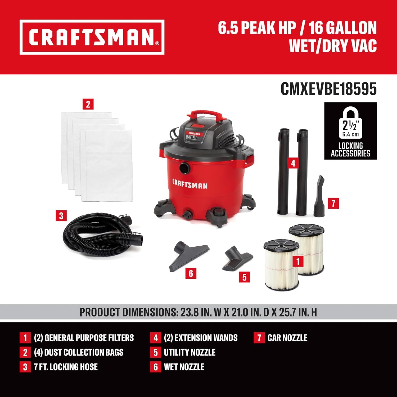 image:imageCRAFTSMAN CMXEVBE18595 16 Gallon 65 Peak HP Wet Dry Vac HeavyDuty Shop Vacuum Wet and Dry with 2 Filters 4 Dust Bags Hose and Attachments for Home Projects amp Renovations