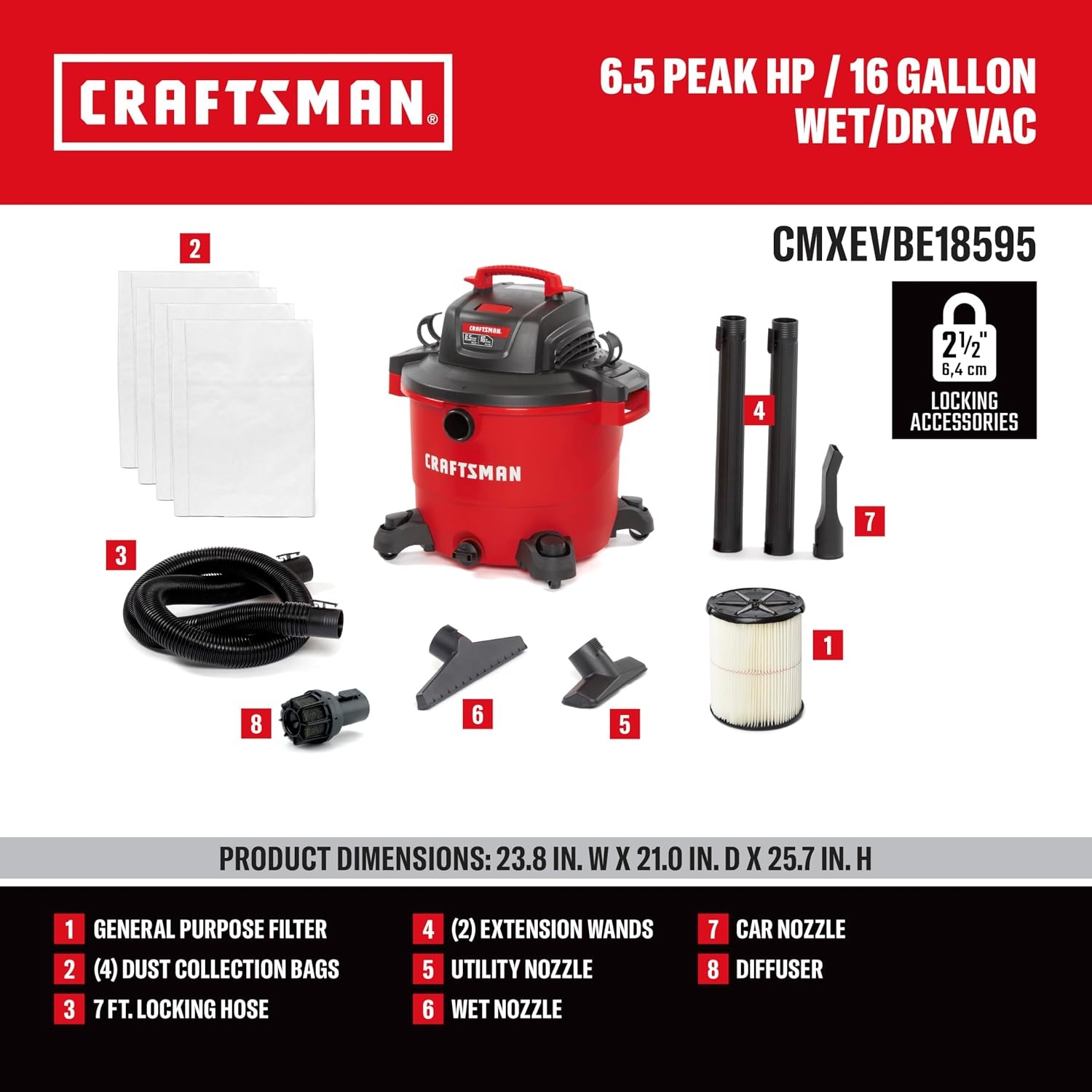 image:imageCRAFTSMAN CMXEVBE18595 16 Gallon 65 Peak HP Wet Dry Vac HeavyDuty Shop Vacuum Wet and Dry with Filter 4 Dust Bags Hose Diffuser and Attachments for Home Projects amp Renovations