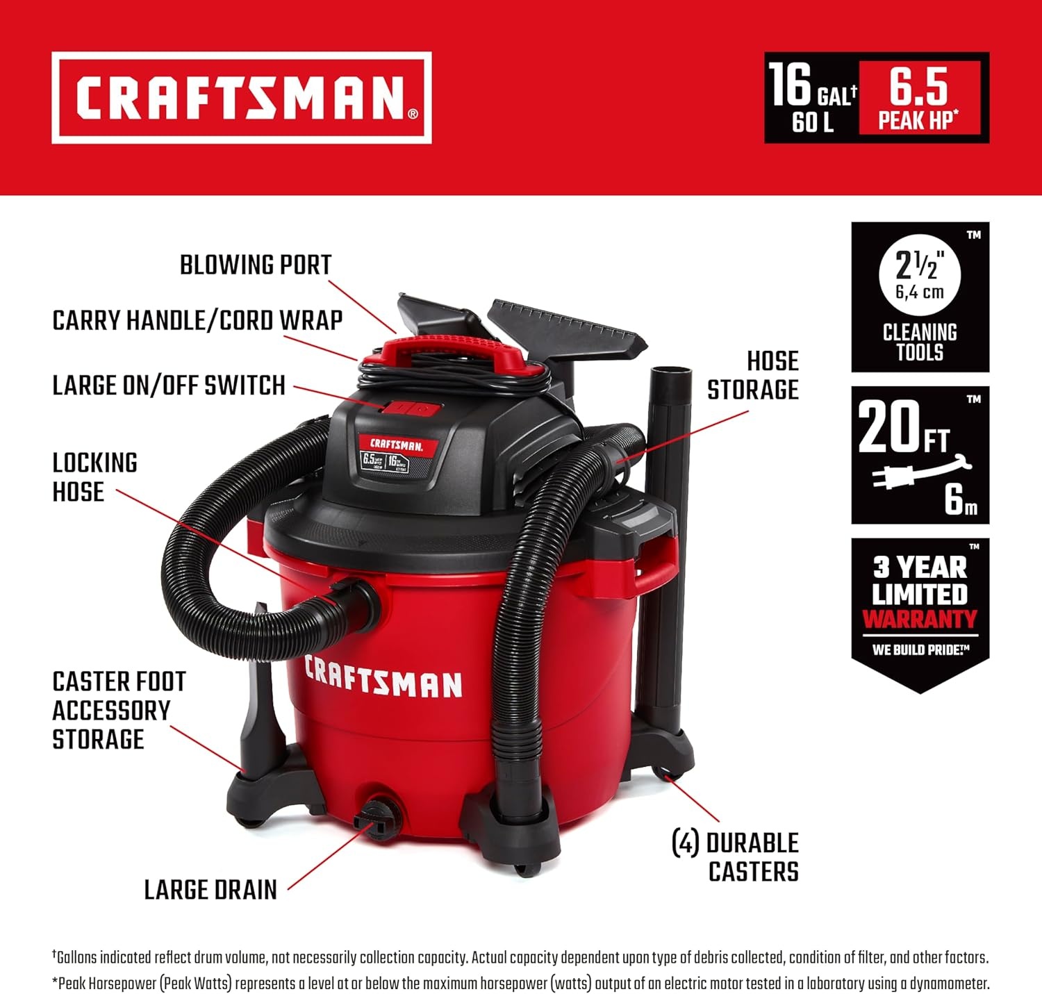 image:imageCRAFTSMAN CMXEVBE18595 16 Gallon 65 Peak HP Wet Dry Vac HeavyDuty Shop Vacuum Wet and Dry with Filter 4 Dust Bags Hose Diffuser and Attachments for Home Projects amp Renovations