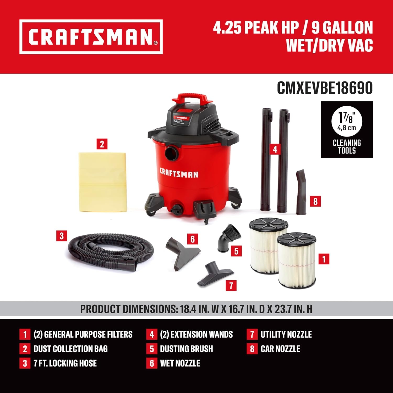 image:imageCRAFTSMAN CMXEVBE18690 9 Gallon 425 Peak HP Wet Dry Vac Portable Shop Vacuum Wet and Dry with 2 Filters Dust Bag Dusting Brush Hose and Attachments for Home Garage and Automotive Cleaning