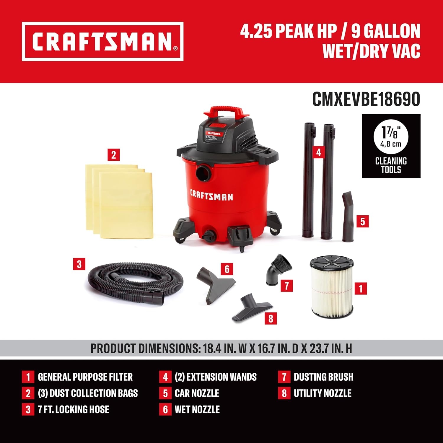 image:imageCRAFTSMAN CMXEVBE18690 9 Gallon 425 Peak HP Wet Dry Vac Portable Shop Vacuum Wet and Dry with Filter 3 Dust Bags Dusting Brush Hose and Attachments for Home Garage and Automotive Cleaning