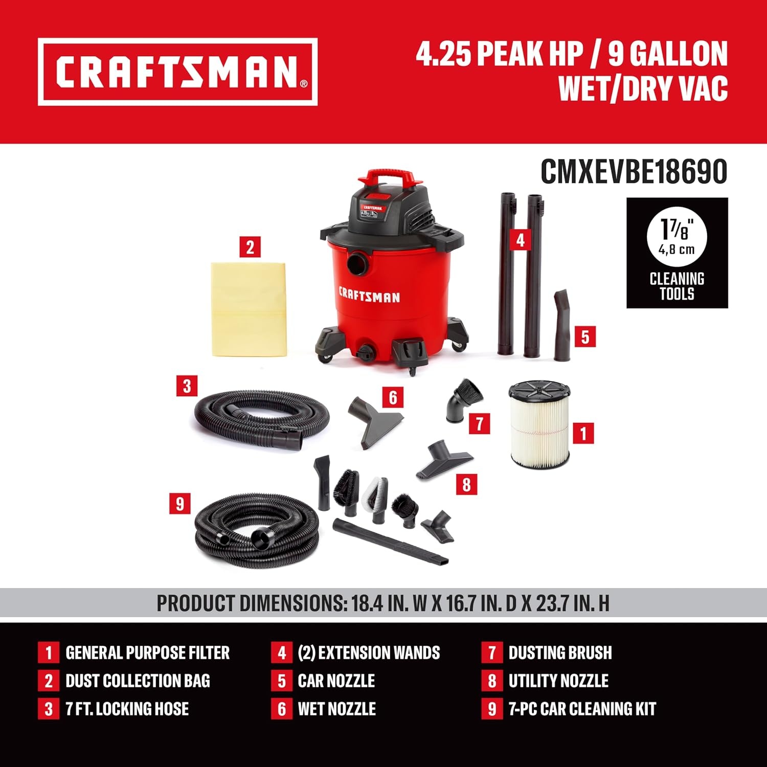 image:imageCRAFTSMAN CMXEVBE18690 9 Gallon 425 Peak HP Wet Dry Vac Portable Shop Vacuum Wet and Dry with Filter Dust Bag Hose Car Cleaning Kit and Attachments for Home Garage and Automotive Cleaning