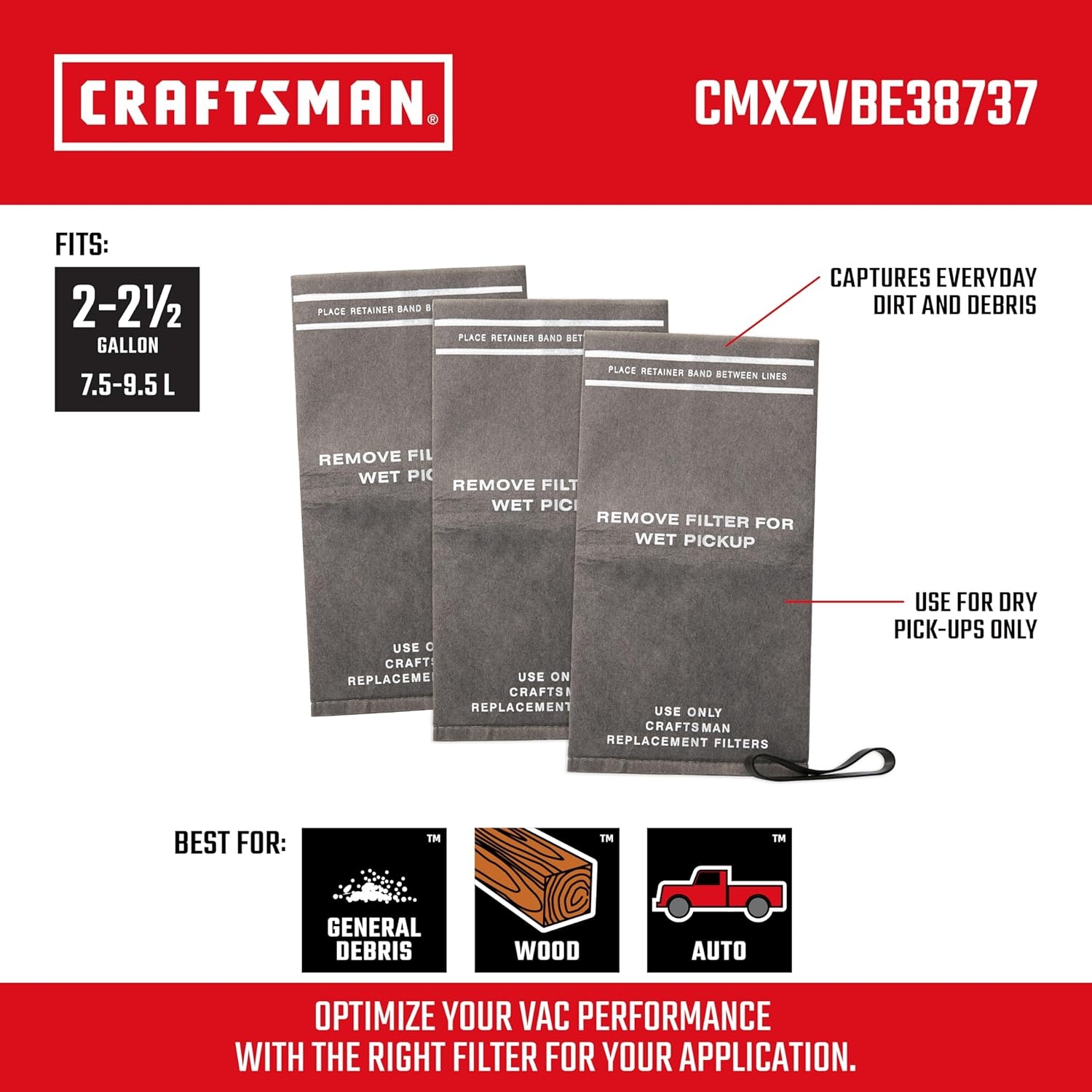 image:imageCRAFTSMAN CMXZVBE38737 Genuine 25 Gal Wet Dry Vac Filter Bags with Band  For General Debris Fits Most CRAFTSMAN 2 to 25 Gallon Shop Vacuums and Powerhead Bucket Vac 3Pack