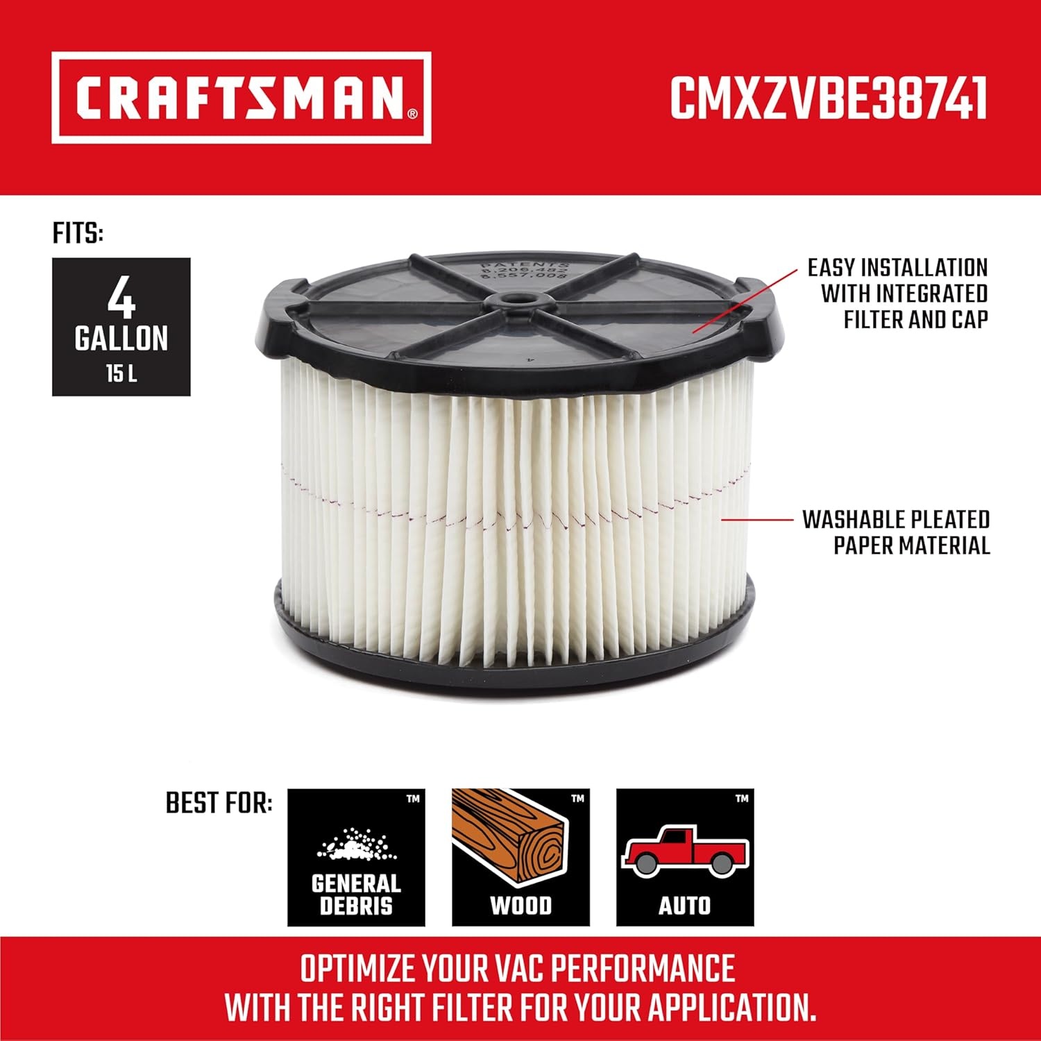 image:imageCRAFTSMAN CMXZVBE38741 Genuine 4 Gal General Purpose Wet Dry Vac Filter  Fits Most 4 Gallon CRAFTSMAN Shop Vacuums Easy Installation and Traps General Debris