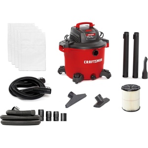 CRAFTSMAN CMXEVBE18595 16 Gallon 6.5 Peak HP Wet Dry Vac, Heavy-Duty Shop Vacuum Wet and Dry with Filter, 4 Dust Bags, 7 ft. Hose, 20 ft. Hose and Attachments for Home Projects & Renovations